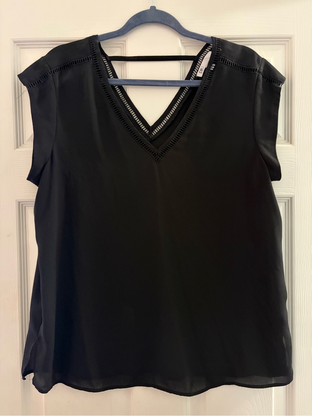DR2 Black V-Neck Cap Sleeve Blouse with Ladder Lace Trim